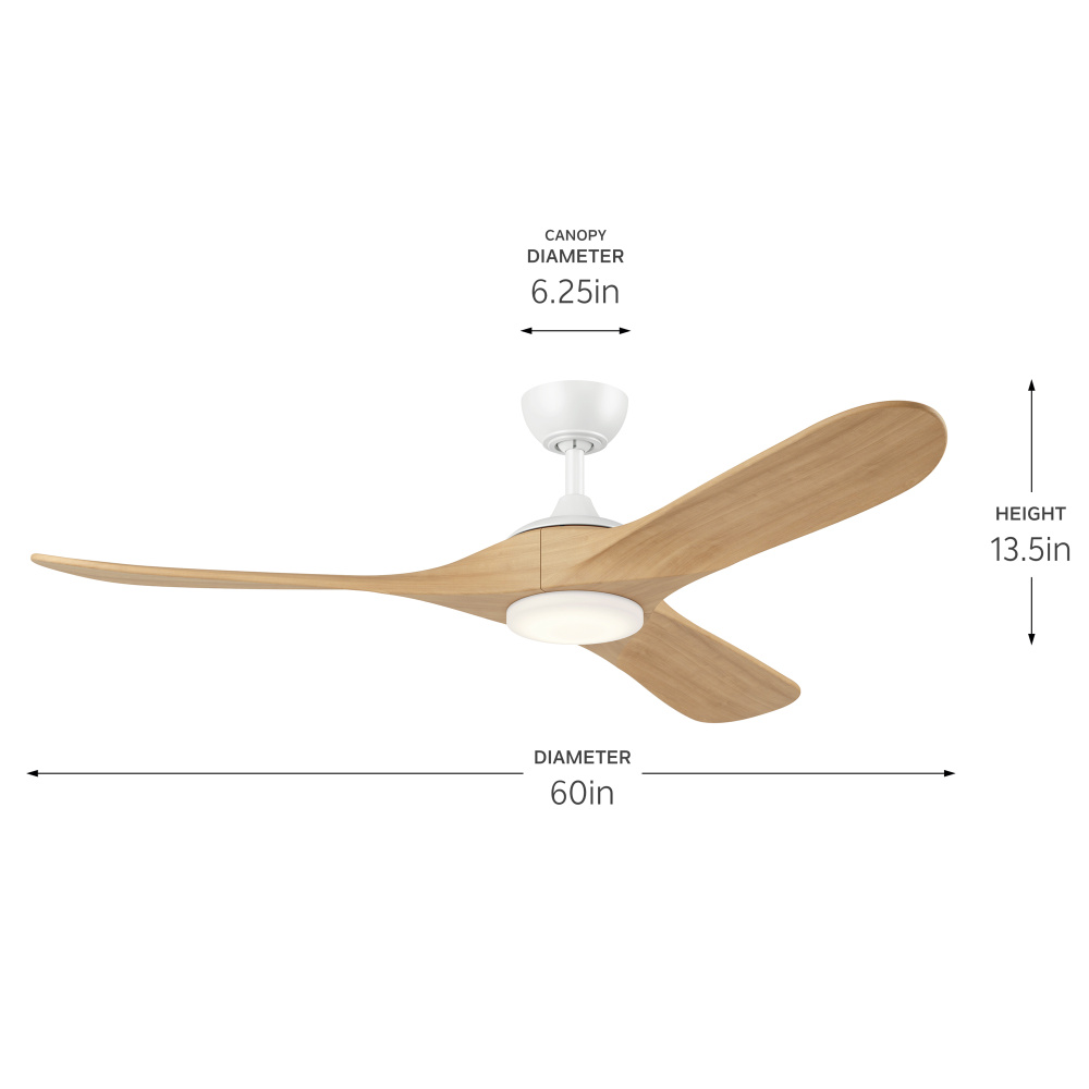 60 in Mylo Ceiling Fan with Satin Etch Cased Opal Glass in Matte White with White Maple Wood Blades