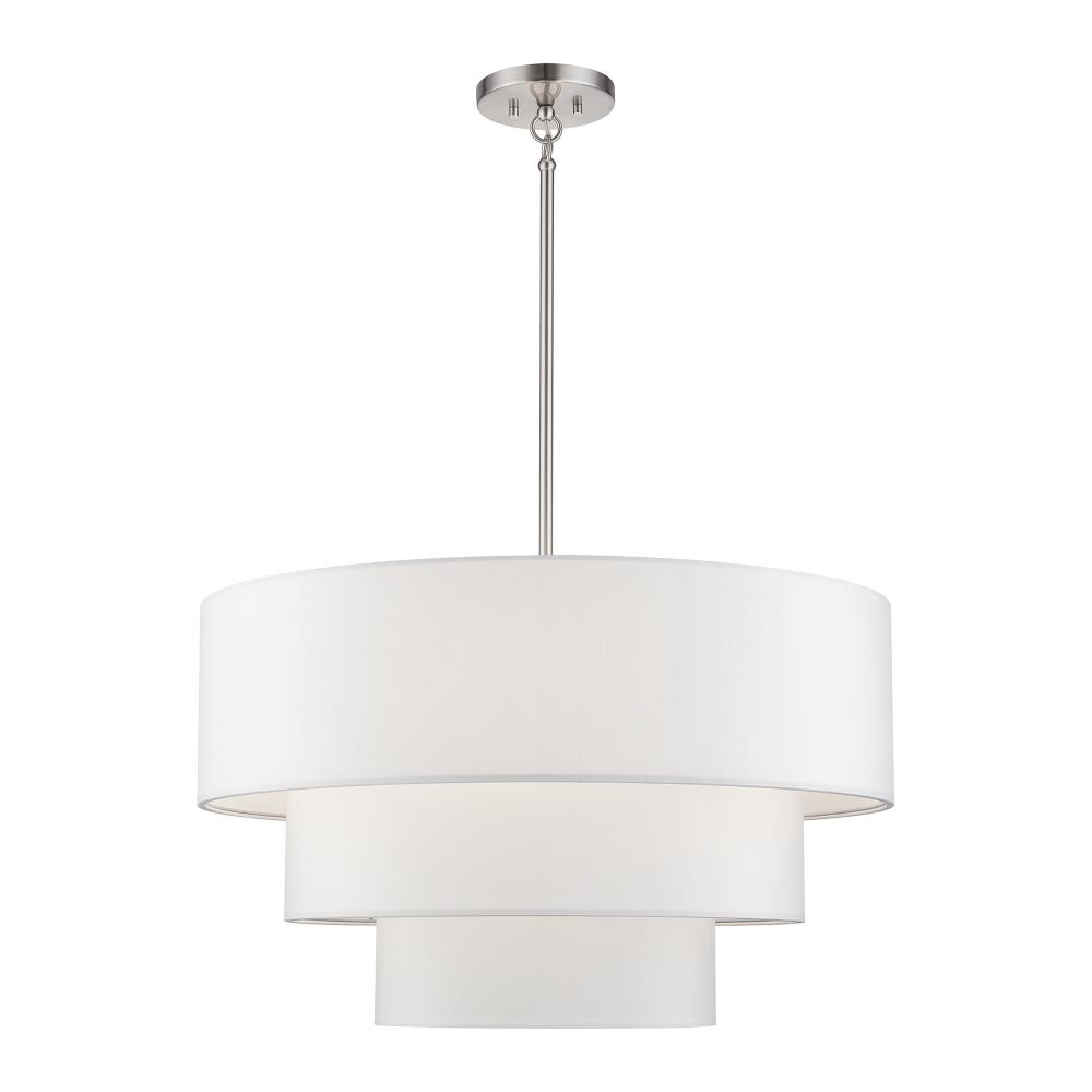 5 LT Brushed Nickel Medium Pendant Chandelier with Hand Crafted Off-White Fabric Hardback Shades