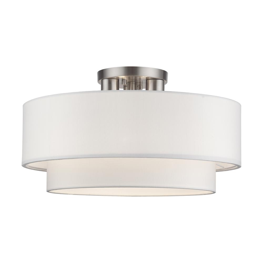 3 Light Brushed Nickel Large Semi-Flush with Hand Crafted Off-White Color Fabric Hardback Shades
