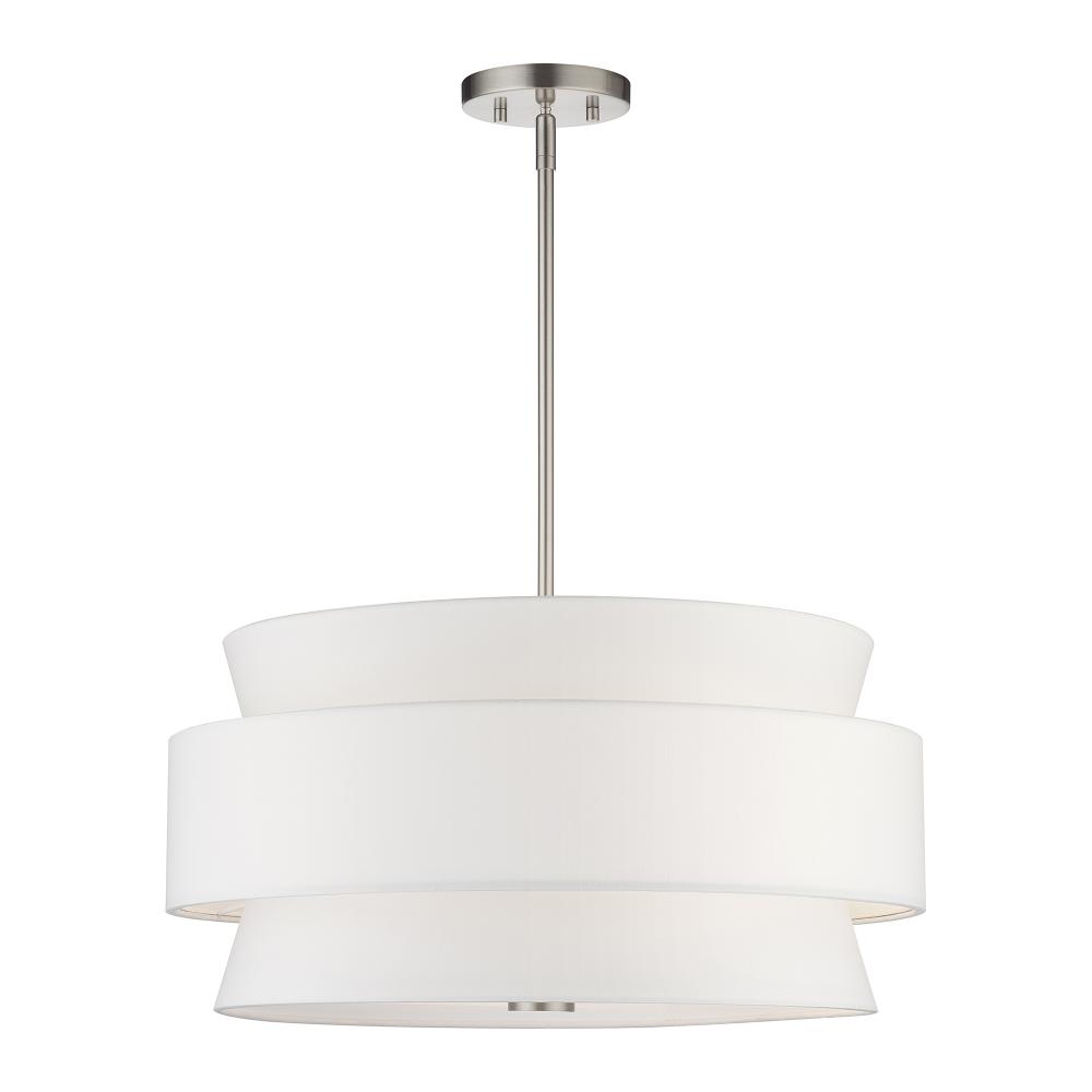 5 Light Brushed Nickel Pendant Chandelier with Hand Crafted Off-White Fabric Hardback Shades