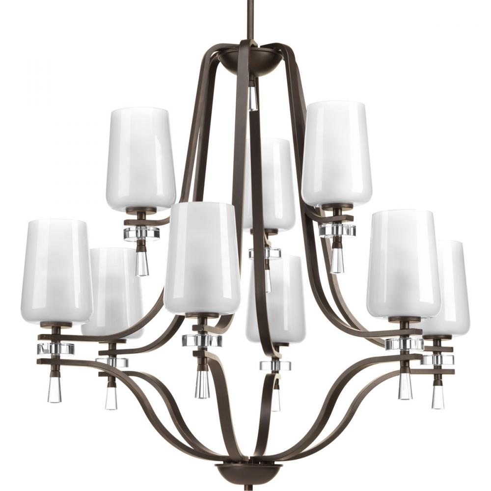 Nine Light Antique Bronze Clear Outside, Etched Inside Glass Up Chandelier