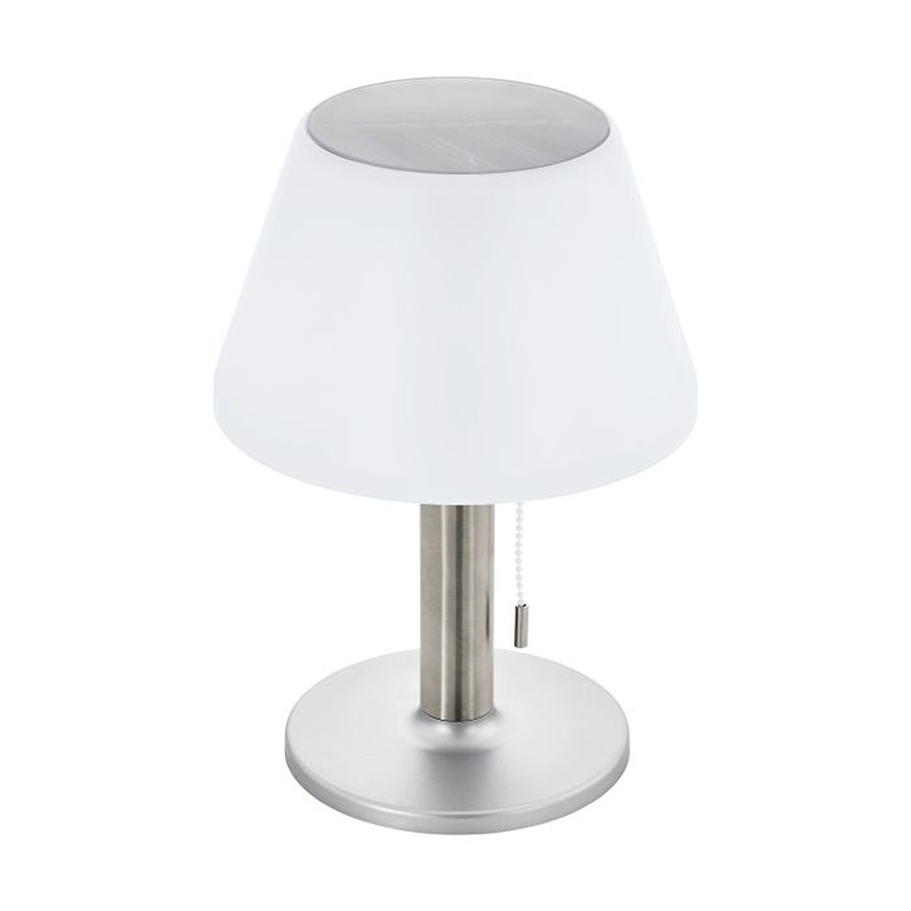 Solar Integrated LED Outdoor Table Light w/ a Silver Finish and White Plastic Shade