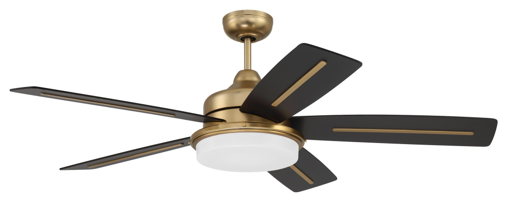 Drew 54&#34; 5-Blade Ceiling Fan in Satin Brass w/ Flat Black/Walnut Blades; Integrated Light Kit