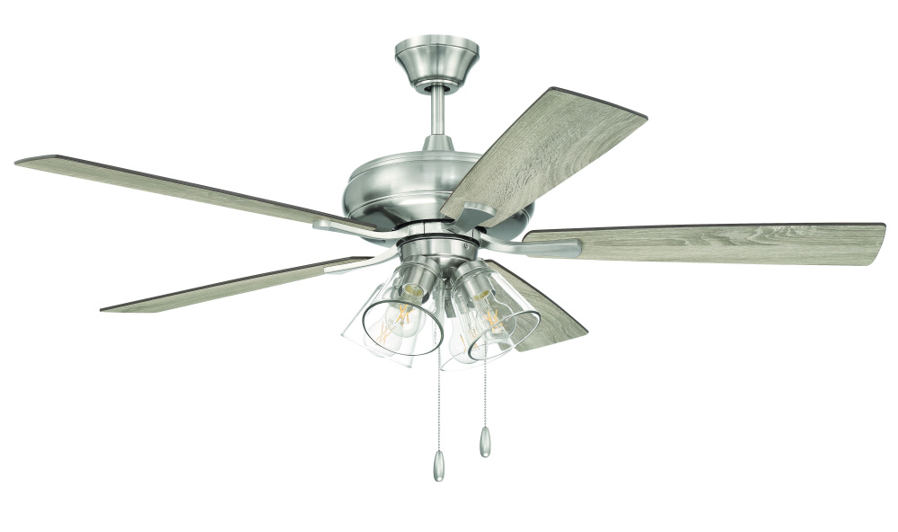 Eos 52&#34; 5-Blade Clear 4 Light Ceiling Fan in Brushed Polished Nickel w/ Driftwood/Walnut Blades