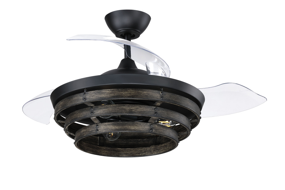 Whiskey 44&#34; 3-Blade Ceiling Fan in Flat Black w/ Clear Acrylic Blades; Integrated Light Kit