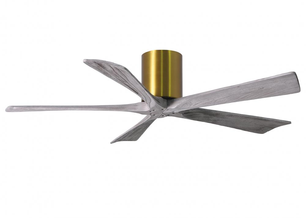 Irene-5H - 52&#34; Five Blade Flush Mount Paddle Fan - Brushed Brass Finish - Barn Wood Tone Blades