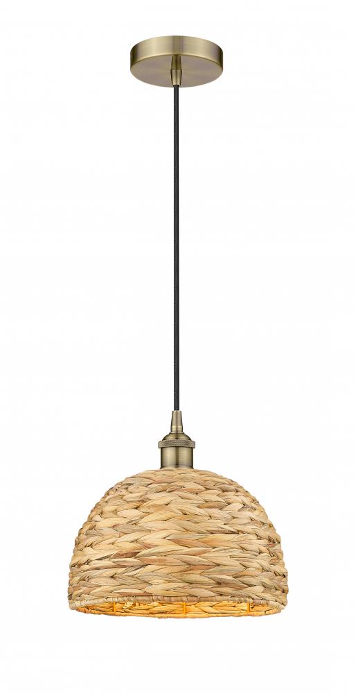 Woven Rattan - 1 Light - 12 inch - Antique Brass - Cord hung - Mini Pendant