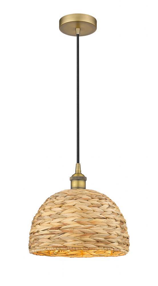 Woven Rattan - 1 Light - 12 inch - Brushed Brass - Cord hung - Mini Pendant