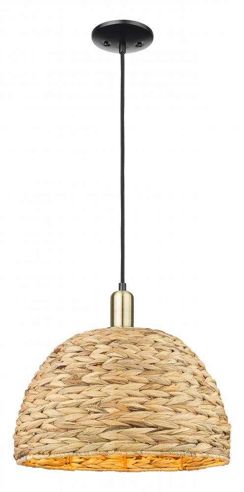 Woven Rattan - 1 Light - 16 inch - Black Antique Brass - Cord hung - Mini Pendant