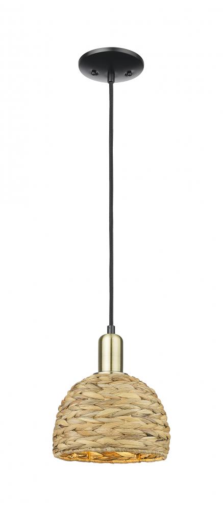 Woven Rattan - 1 Light - 8 inch - Black Antique Brass - Mini Pendant