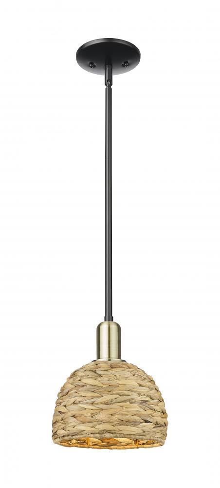Woven Rattan - 1 Light - 8 inch - Black Antique Brass - Mini Pendant