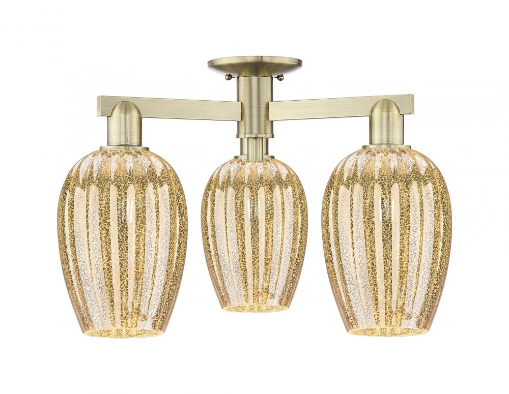 Preston Flute - 3 Light - 6 inch - Antique Brass - Semi-Flush Mount