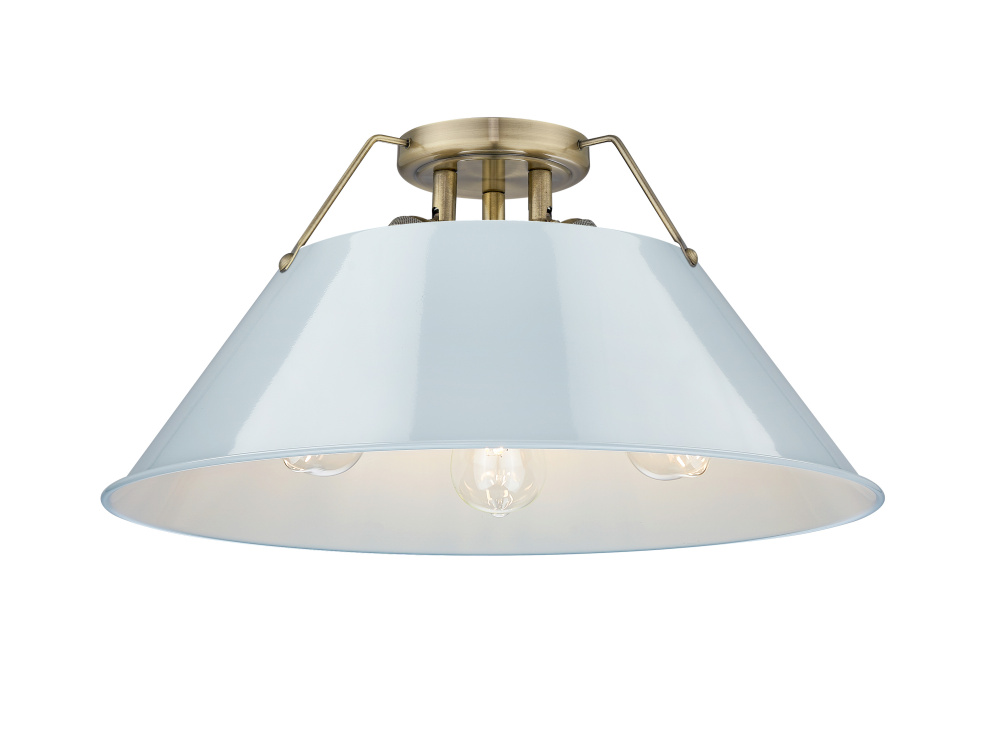 Yep by Golden Lighting Orwell 3-light Flush Mount in Aged Brass and Dusky Blue shade