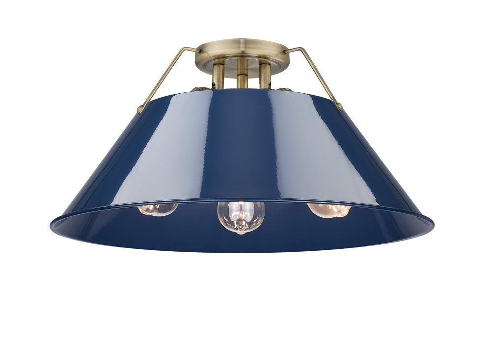 Yep by Golden Lighting Orwell 3-light Flush Mount in Aged Brass and Navy Blue shade