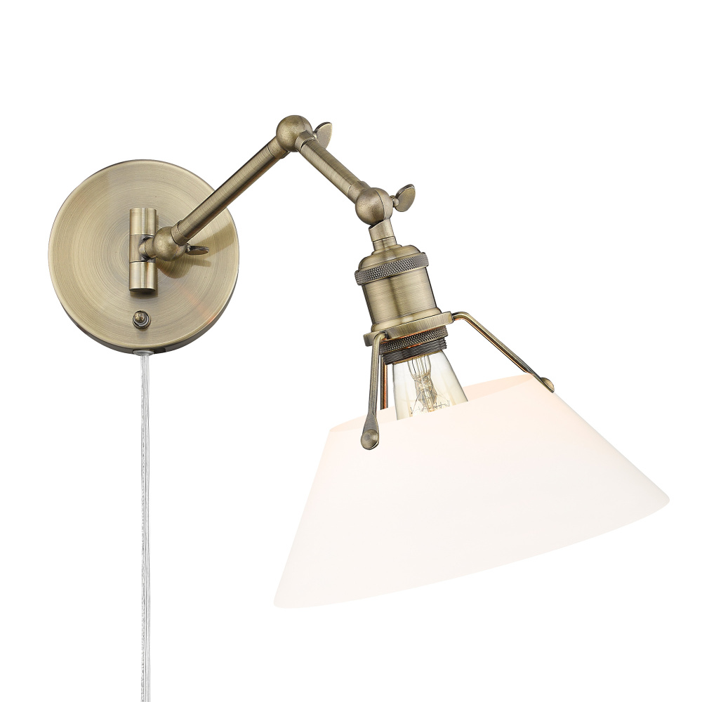 Yep by Golden Lighting Orwell 1-light Swing Arm Wall Lamp in Aged Brass and Opal Glass