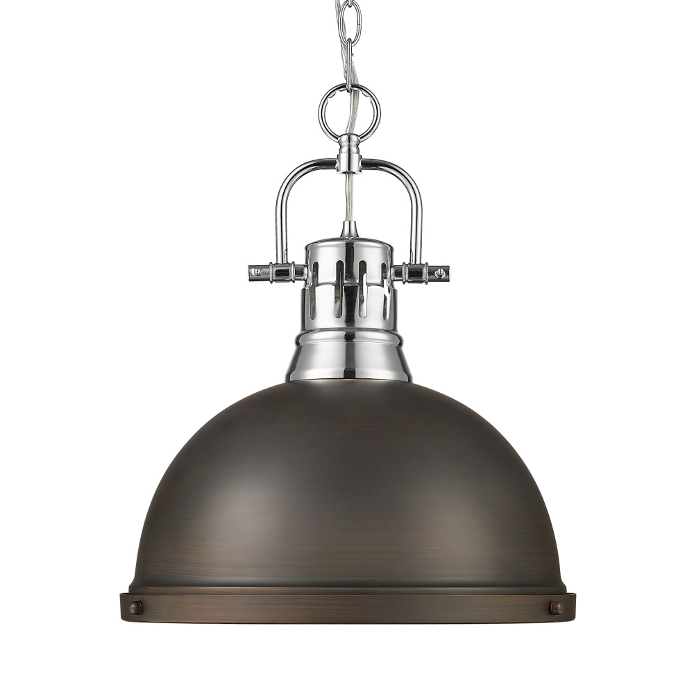 Yep by Golden Lighting Duncan 1-light 14in Chain Hung Pendant in Chrome and Rubbed Bronze shade
