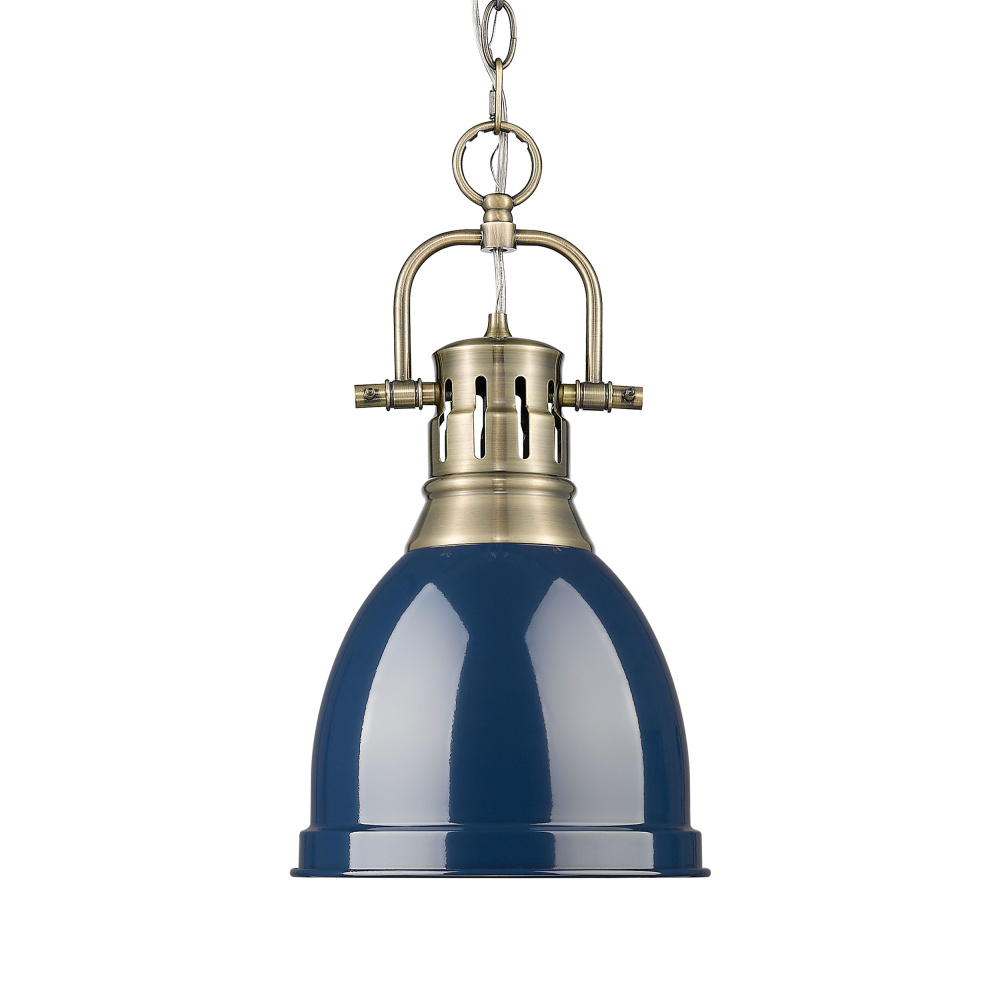 Yep by Golden Lighting Duncan 1-light 9in Chain Hung Pendant in Aged Brass and Navy Blue shade
