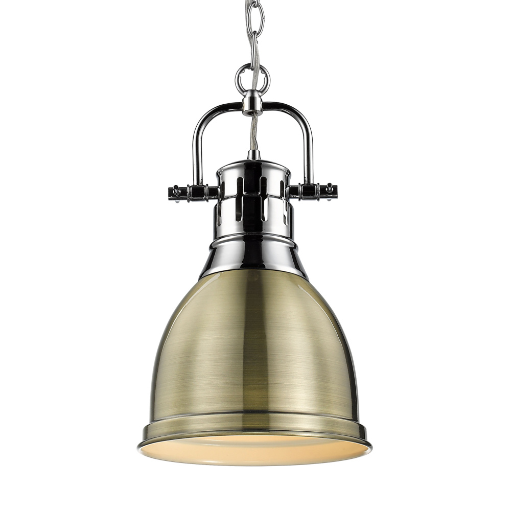 Yep by Golden Lighting Duncan 1-light 9in Chain Hung Pendant in Chrome and Aged Brass shade