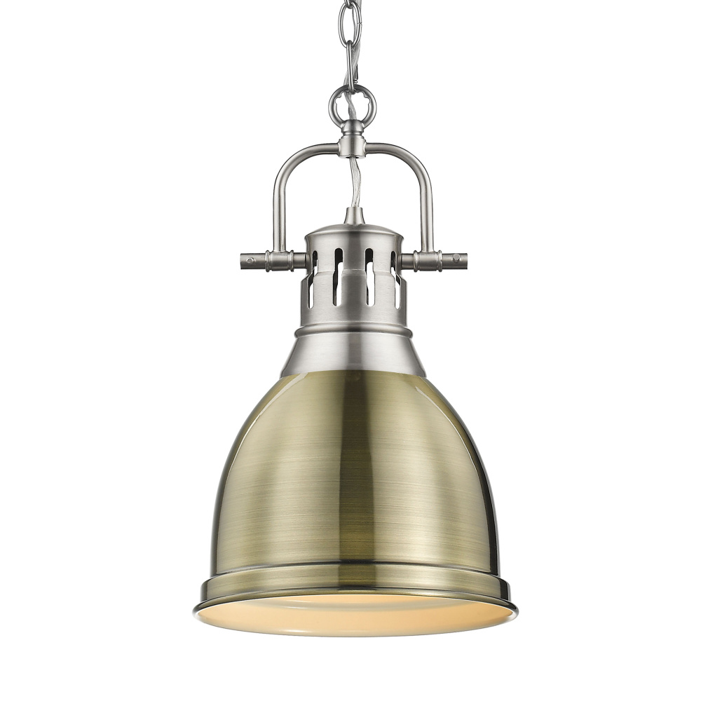 Yep by Golden Lighting Duncan 1-light 9in Chain Hung Pendant in Pewter and Aged Brass shade