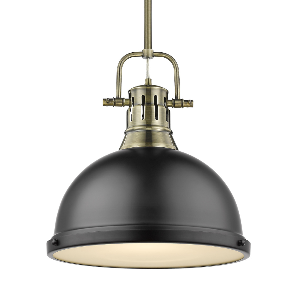 Yep by Golden Lighting Duncan 1-light 14in Rod Hung Pendant in Aged Brass and Matte Black shade
