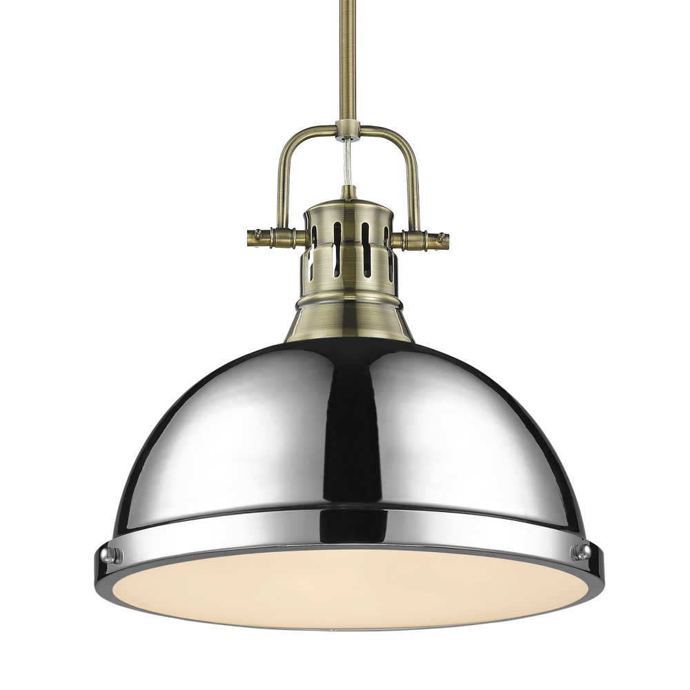 Yep by Golden Lighting Duncan 1-light 14in Rod Hung Pendant in Aged Brass and Chrome shade