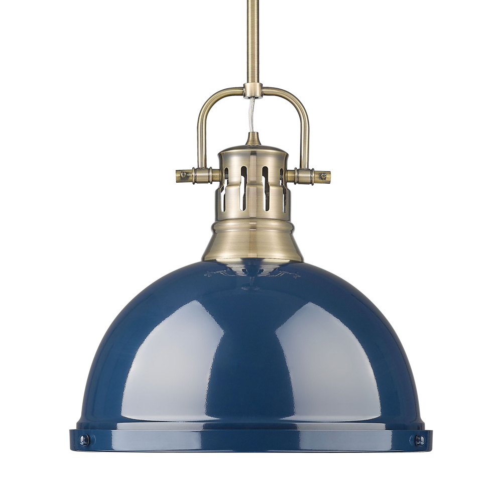 Yep by Golden Lighting Duncan 1-light 14in Rod Hung Pendant in Aged Brass and Navy Blue shade