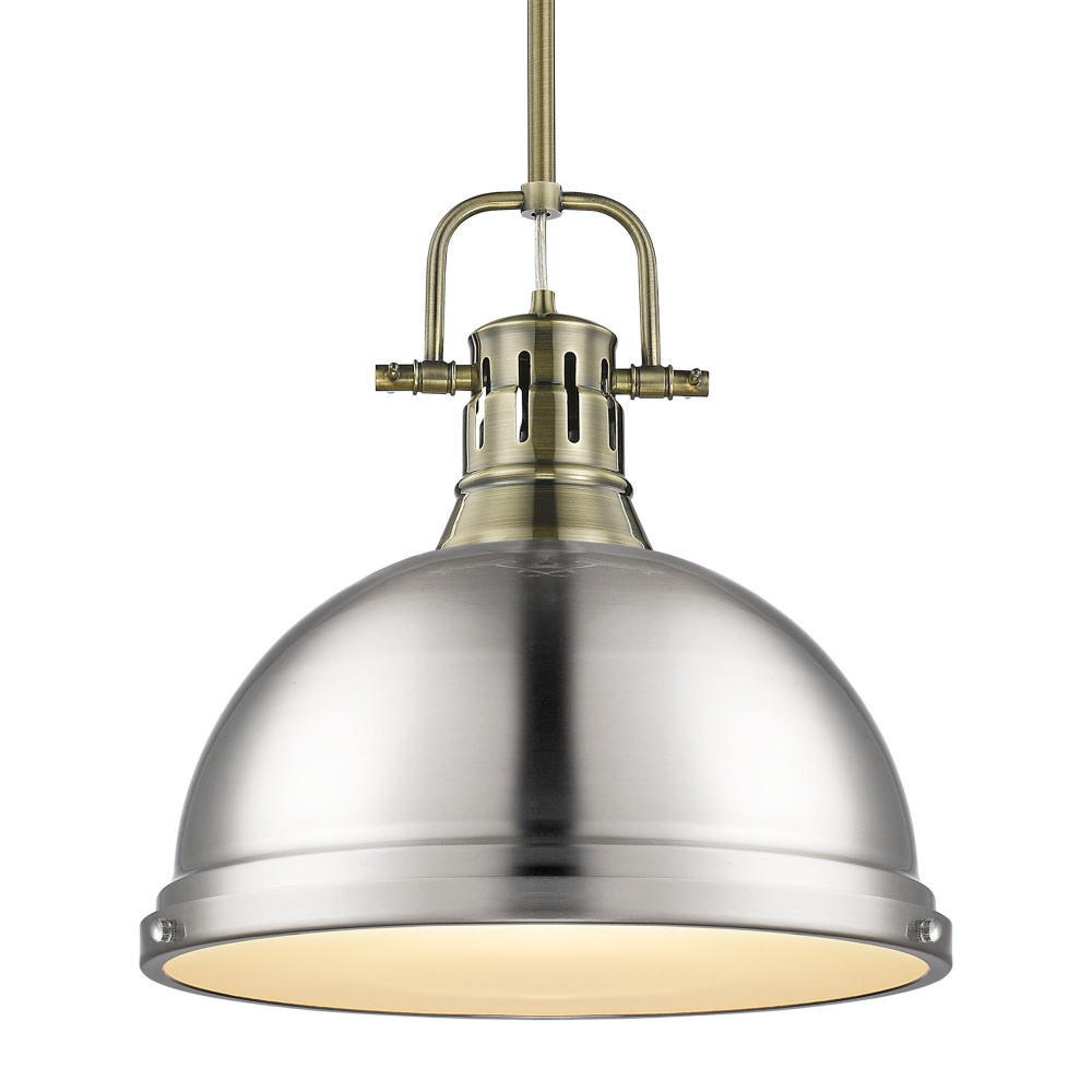 Yep by Golden Lighting Duncan 1-light 14in Rod Hung Pendant in Aged Brass and Pewter shade