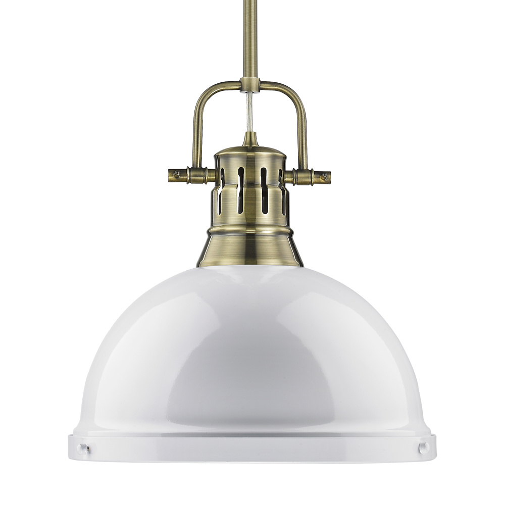 Yep by Golden Lighting Duncan 1-light 14in Rod Hung Pendant in Aged Brass and White shade