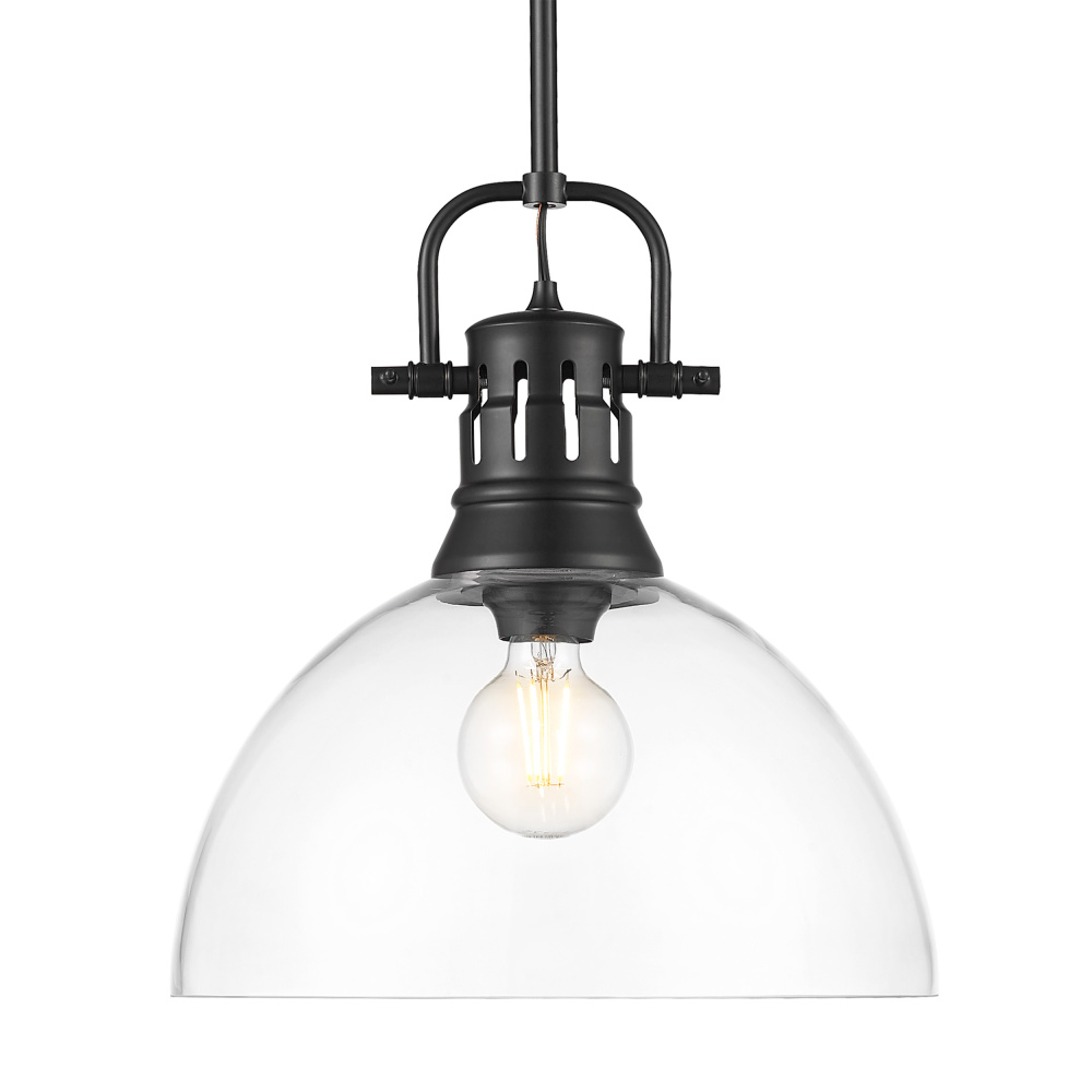 Yep by Golden Lighting Duncan 1-light 14in rod hung Pendant in Matte Black and Clear Glass