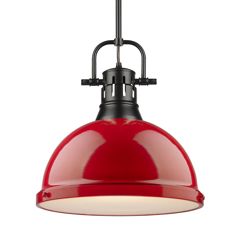 Yep by Golden Lighting Duncan 1-light 14in Rod Hung Pendant in Matte Black and Red shade