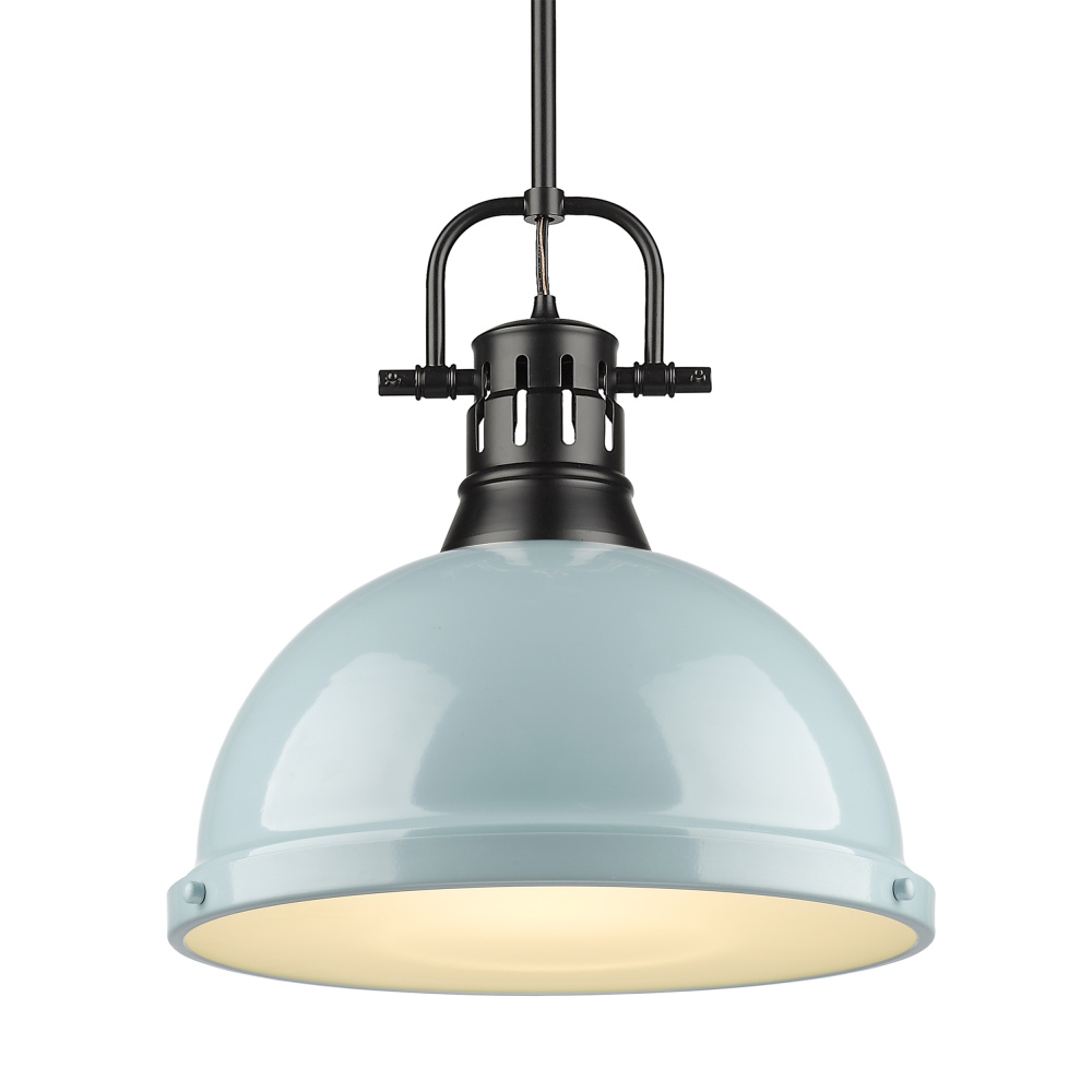 Yep by Golden Lighting Duncan 1-light 14in Rod Hung Pendant in Matte Black and Seafoam shade