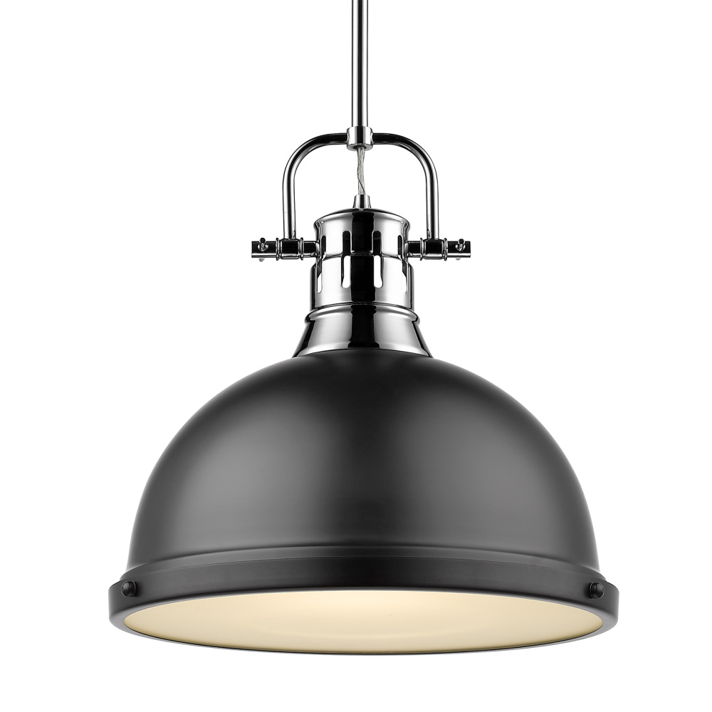 Yep by Golden Lighting Duncan 1-light 14in Rod Hung Pendant in Chrome and Matte Black shade