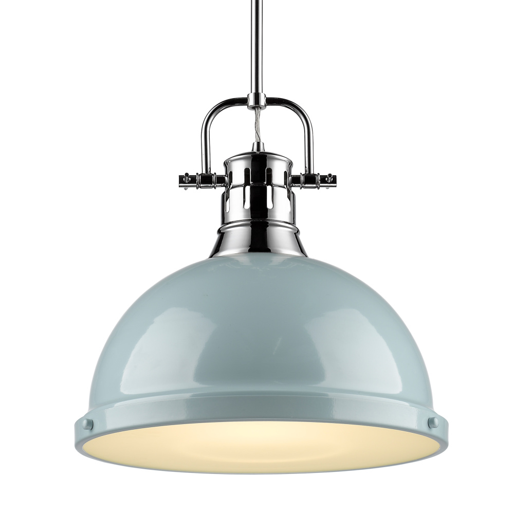 Yep by Golden Lighting Duncan 1-light 14in Rod Hung Pendant in Chrome and Seafoam shade