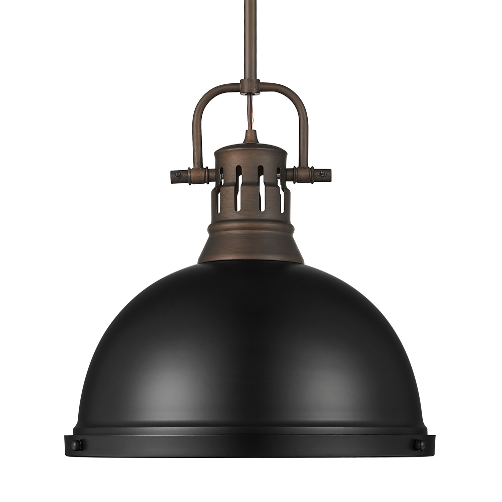 Yep by Golden Lighting Duncan 1-light 14in Rod Hung Pendant in Rubbed Bronze and Matte Black shade