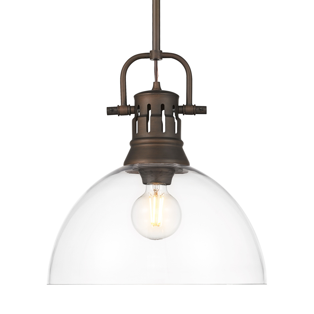 Yep by Golden Lighting Duncan 1-light 14in rod hung Pendant in Rubbed Bronze and Clear Glass