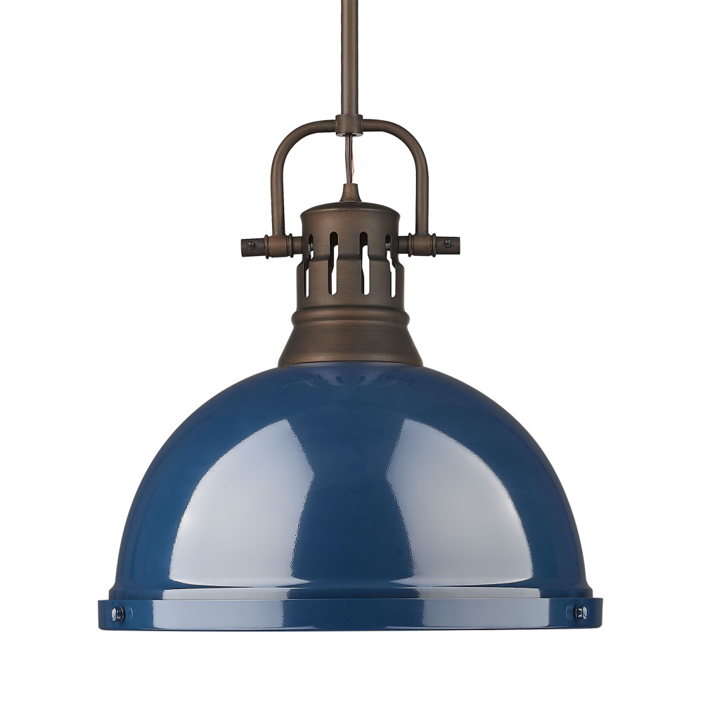 Yep by Golden Lighting Duncan 1-light 14in Rod Hung Pendant in Rubbed Bronze and Navy Blue shade