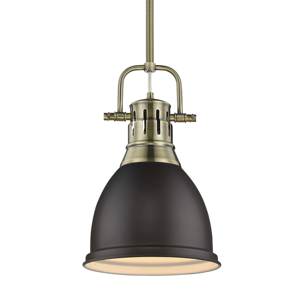 Yep by Golden Lighting Duncan 1-light 9in Rod Hung Pendant in Aged Brass and Rubbed Bronze shade
