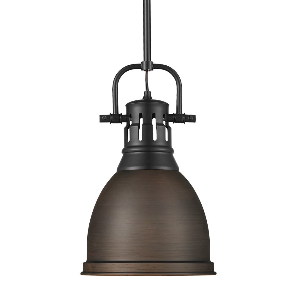 Yep by Golden Lighting Duncan 1-light 9in Rod Hung Pendant in Matte Black and Rubbed Bronze shade