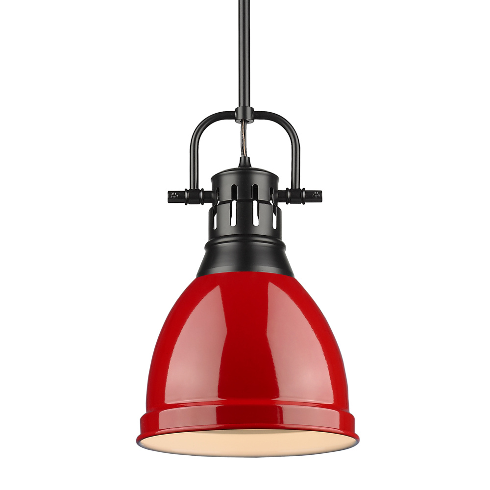 Yep by Golden Lighting Duncan 1-light 9in Rod Hung Pendant in Matte Black and Red shade