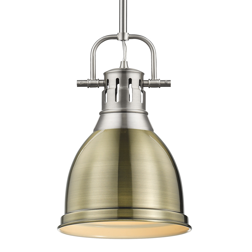 Yep by Golden Lighting Duncan 1-light 9in Rod Hung Pendant in Pewter and Aged Brass shade