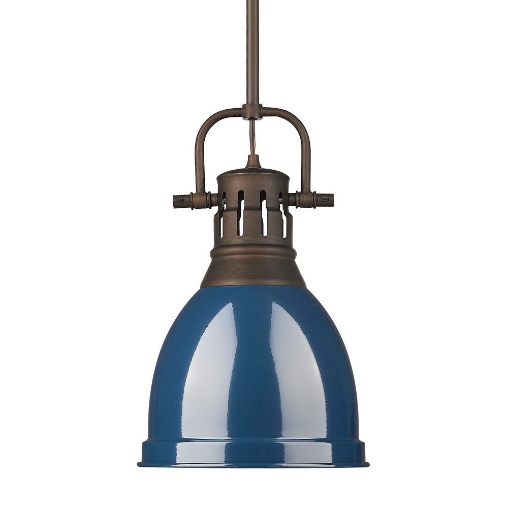 Yep by Golden Lighting Duncan 1-light 9in Rod Hung Pendant in Rubbed Bronze and Navy Blue shade