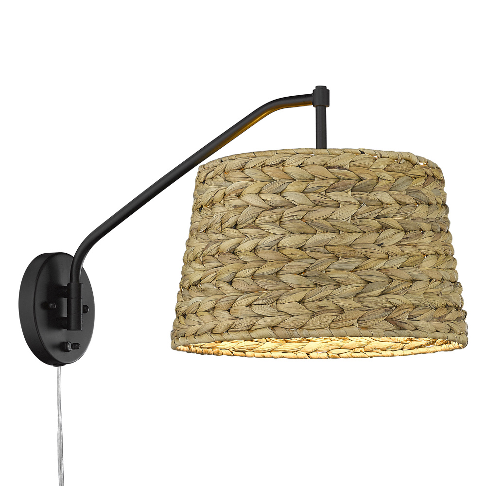 Wry Lighting Ryleigh 1-light Swing Arm Wall Lamp in Matte Black and Woven Sweet Grass shade