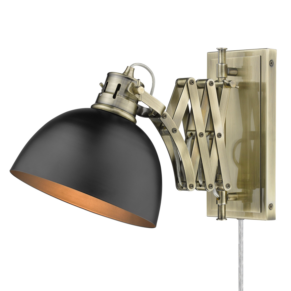 Wry Lighting Hawthorn 1-light Swing Arm Wall Lamp in Aged Brass and Matte Black shade