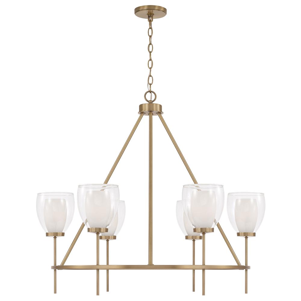 6-Light Ring Chandelier in Aged Brass with Layered White and Clear Glass