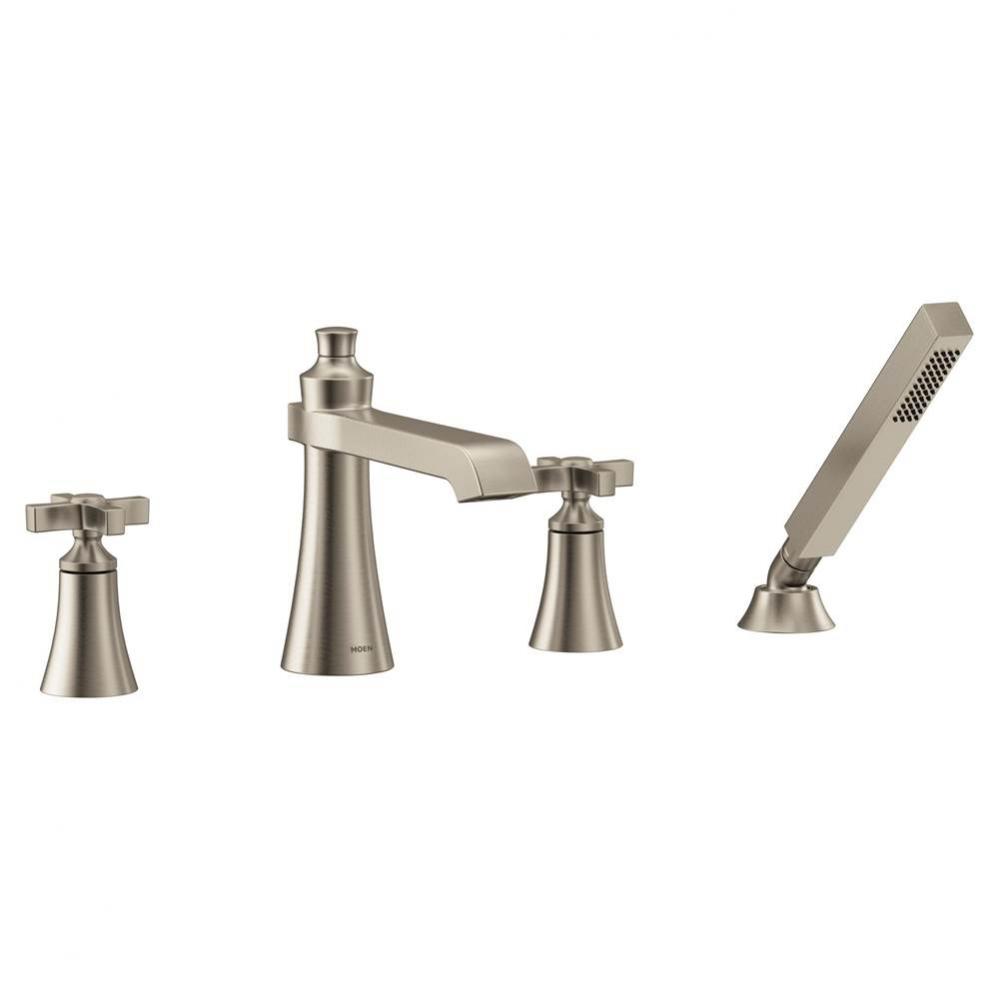Flara 2-Handle Deck-Mount Roman Tub Faucet Trim Kit with Handshower in Brushed Nickel (Valve Sold