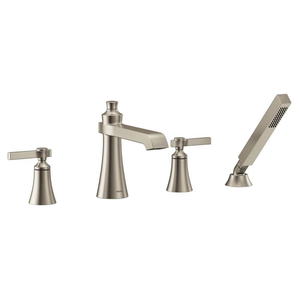 Flara 2-Handle Deck-Mount Roman Tub Faucet Trim Kit with Handshower in Brushed Nickel (Valve Sold