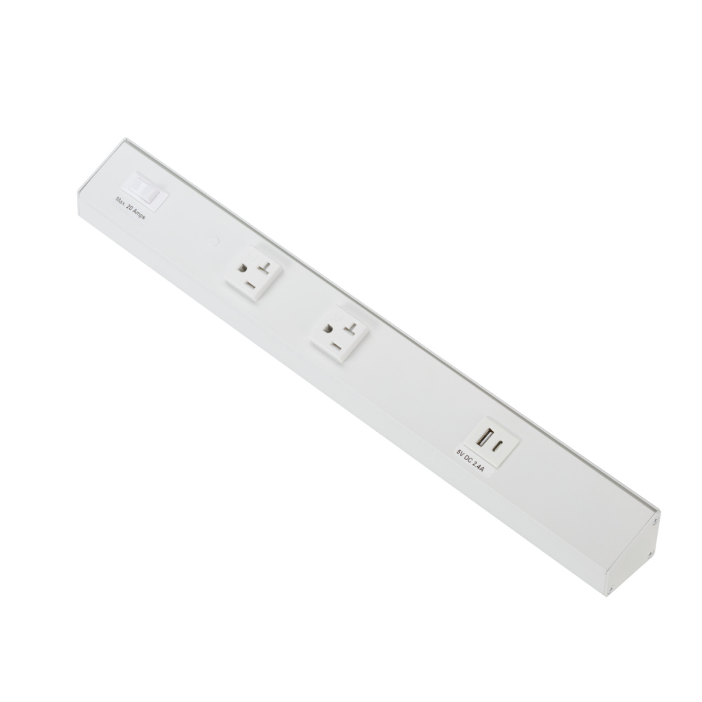 ATOM 18INCH POWER STRIP WHITE FINISH 2 20A TR RECEPTACLES 1 USB 1 RESET SWITCH