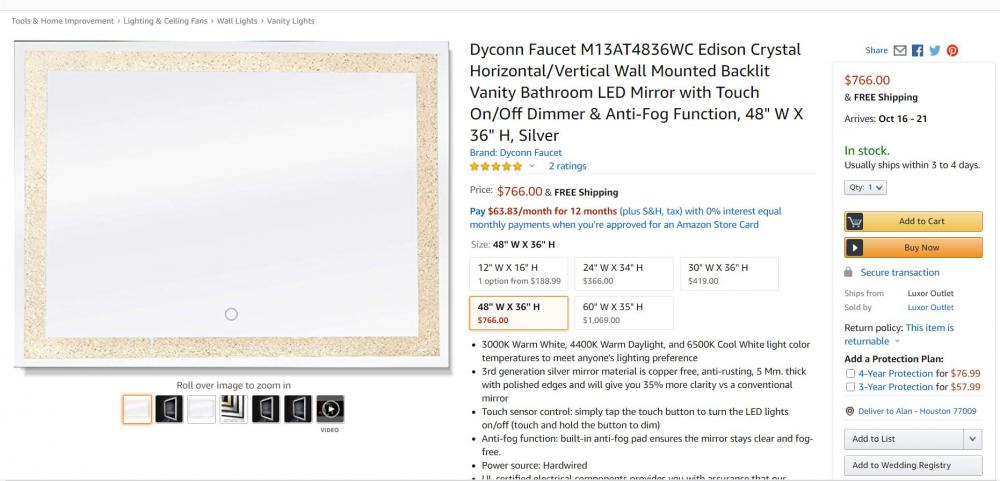 48&#34; x 36&#34; Backlit Mirror with crystals