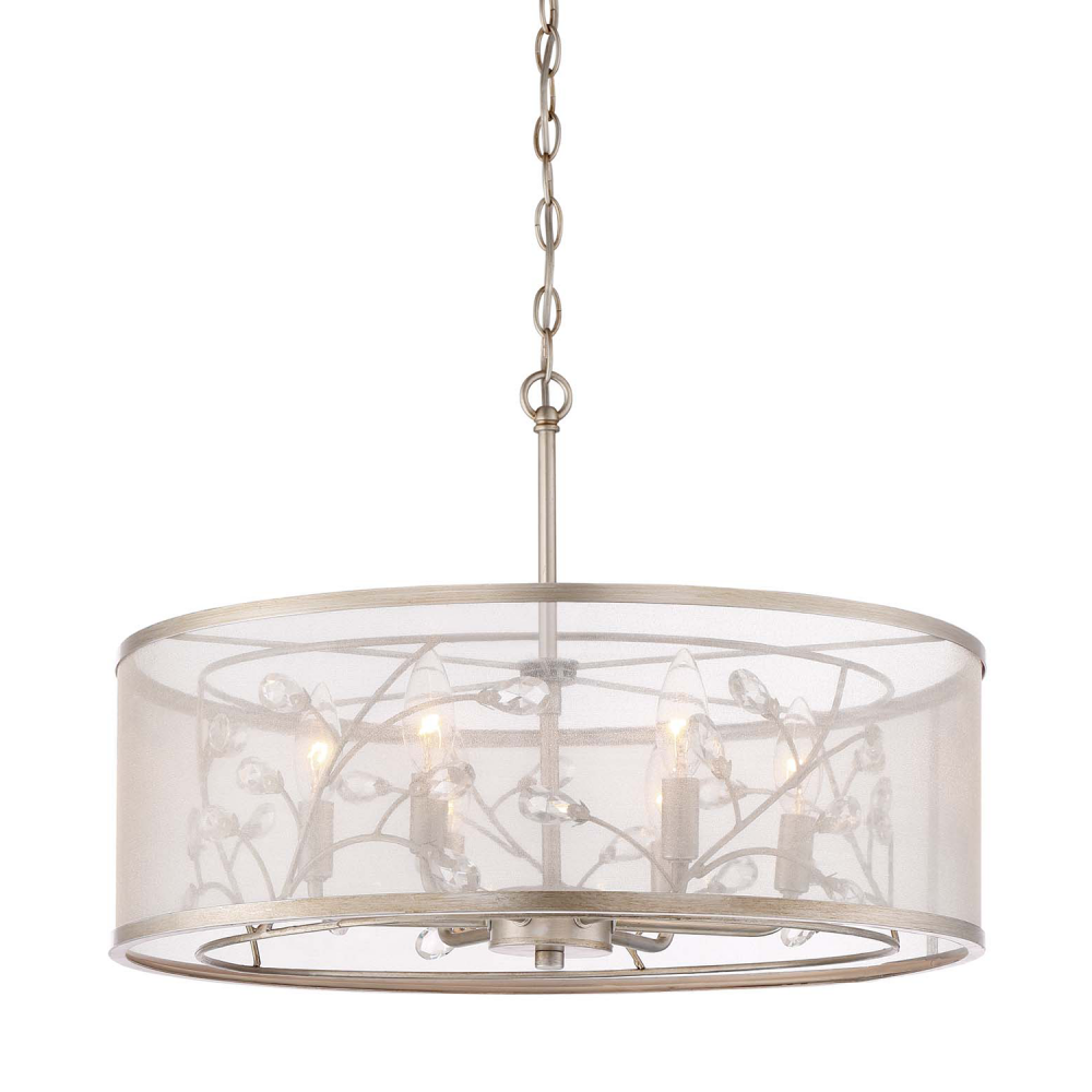 Vine 21&#34; 6-Light, Organza Drum Shade Crystal Pendant in Silver