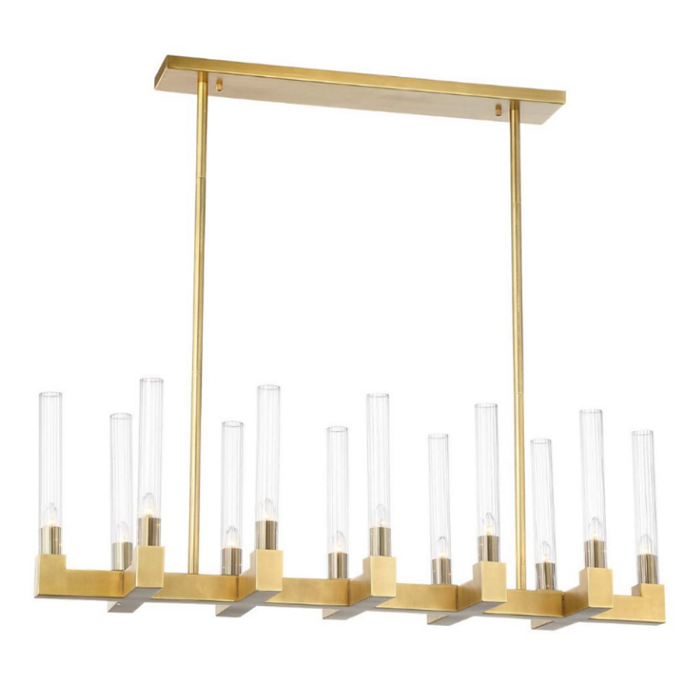 Placid 40&#34; 12-Light, Fluted Glass Linear Chandelier in Aged Brass